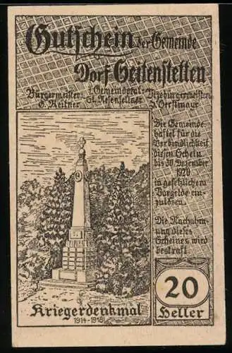 Notgeld Seitenstetten 1920, 20 Heller, Kriegerdenkmal und Dorfansicht