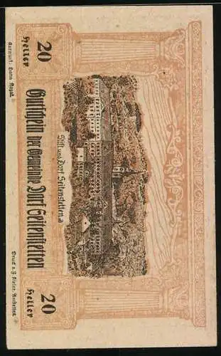 Notgeld Seitenstetten 1920, 20 Heller, Kriegerdenkmal und Dorfansicht