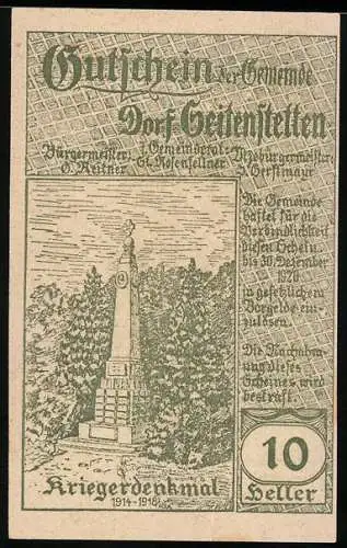 Notgeld Seitenstetten, 10 Heller, Kriegerdenkmal 1914-1918 und Dorfansicht mit Fluss und Brücke