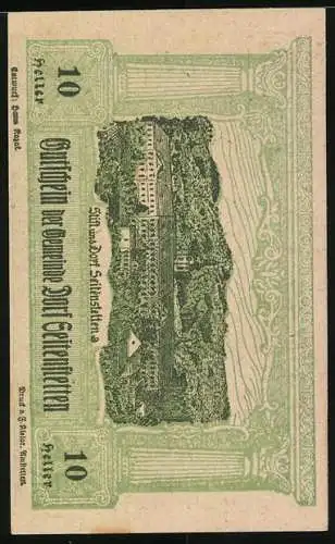 Notgeld Seitenstetten, 10 Heller, Kriegerdenkmal 1914-1918 und Dorfansicht mit Fluss und Brücke