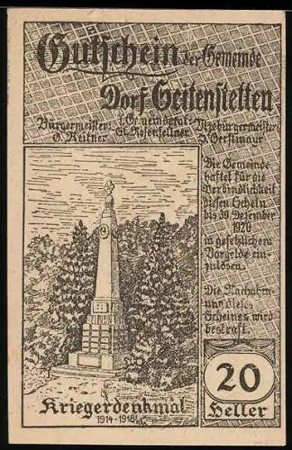 Notgeld Seitenstetten 1920, 20 Heller, Kriegerdenkmal und Landschaftsansicht von Schloss Schierling