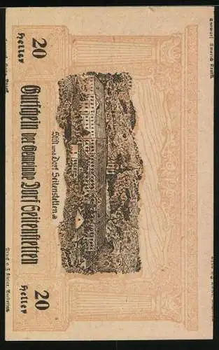 Notgeld Seitenstetten 1920, 20 Heller, Kriegerdenkmal und Landschaftsansicht von Schloss Schierling