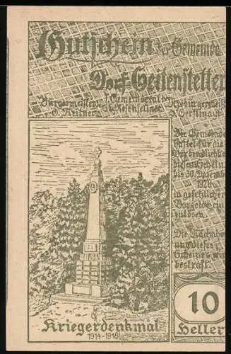 Notgeld Seitenstetten 1920, 10 Heller, Kriegerdenkmal und Ortsansicht von Sinzenhofen