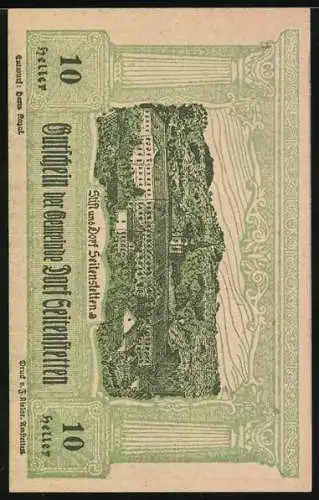 Notgeld Seitenstetten 1920, 10 Heller, Kriegerdenkmal und Ortsansicht von Sinzenhofen