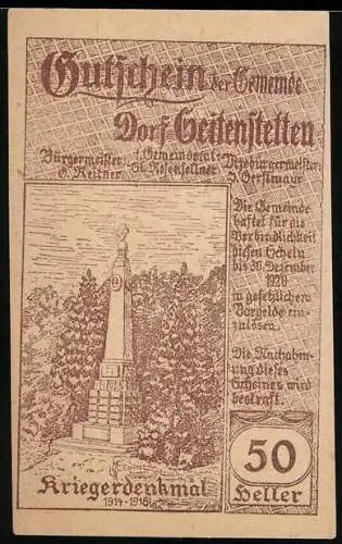 Notgeld Seitenstetten 1920, 50 Heller, Kriegerdenkmal und Dorfansicht