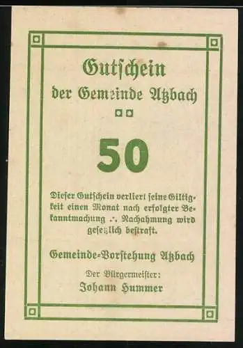 Notgeld Atzbach, 50 Heller, Gebäude mit Torbogen und Pflanzenumrahmung