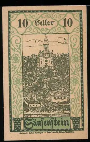 Notgeld Säusenstein 1920, 10 Heller, Burgansicht und historische Figurengruppe