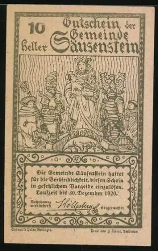 Notgeld Säusenstein 1920, 10 Heller, Burgansicht und historische Figurengruppe