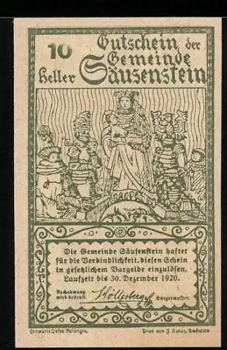 Notgeld Säusenstein 1920, 10 Heller, Mutter mit Kindern und Schlossansicht