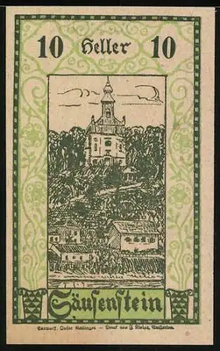 Notgeld Säusenstein 1920, 10 Heller, Mutter mit Kindern und Schlossansicht