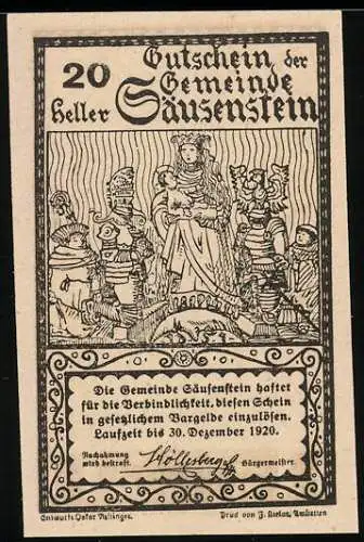 Notgeld Säusenstein 1920, 20 Heller, historische Figuren und Landschaft mit Burg