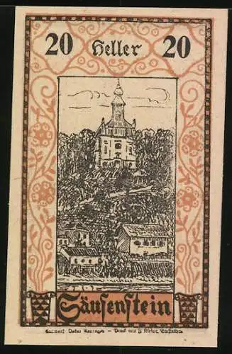 Notgeld Säusenstein 1920, 20 Heller, historische Figuren und Landschaft mit Burg