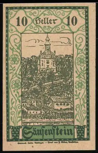 Notgeld Säusenstein 1920, 10 Heller, Schlossansicht und historische Figurenszene