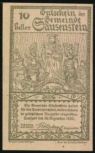 Notgeld Säusenstein 1920, 10 Heller, Schlossansicht und historische Figurenszene