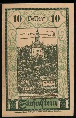 Notgeld Säusenstein 1920, 10 Heller, Burg und Figurenumzug im Ornamentstil