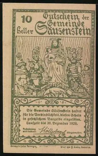 Notgeld Säusenstein 1920, 10 Heller, Burg und Figurenumzug im Ornamentstil