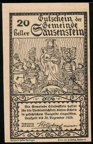 Notgeld Säusenstein 1920, 20 Heller, Heilige mit Rittern und Schlossansicht