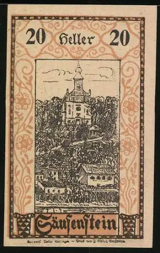 Notgeld Säusenstein 1920, 20 Heller, Heilige mit Rittern und Schlossansicht