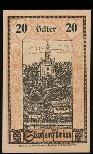 Notgeld Säusenstein 1920, 20 Heller, Klosteransicht und mittelalterliche Szene mit Rittern und Dame