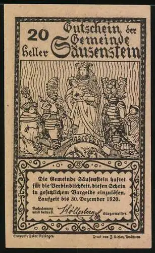 Notgeld Säusenstein 1920, 20 Heller, Klosteransicht und mittelalterliche Szene mit Rittern und Dame