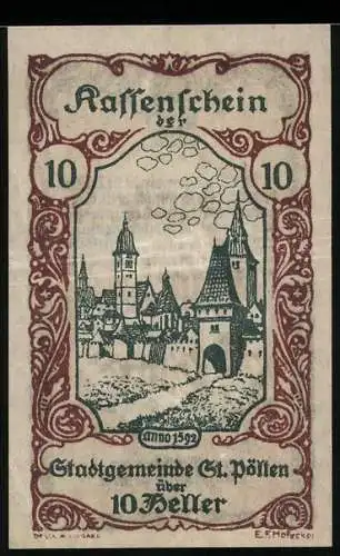 Notgeld St. Pölten 1920, 10 Heller, historische Stadtansicht mit Burg und Türmen, Wappen oben