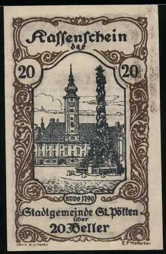 Notgeld St. Pölten 1920, 20 Heller, Stadtansicht mit Turm und Säule, Wappen und Unterschriften