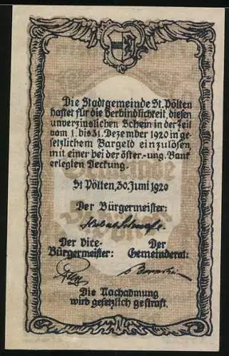 Notgeld St. Pölten 1920, 20 Heller, Stadtansicht mit Turm und Säule, Wappen und Unterschriften