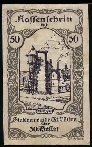 Notgeld St. Pölten 1920, 50 Heller, Stadtszene mit Wasserturm, Seriennummer und Wappen enthalten