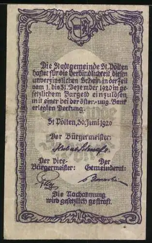 Notgeld St. Pölten 1920, 50 Heller, Stadtszene mit Wasserturm, Seriennummer und Wappen enthalten