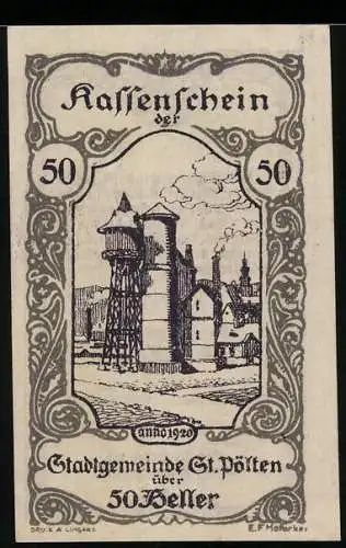 Notgeld St. Pölten 1920, 50 Heller, Wasserturm und Stadtansicht, Seriennummer, Wappen