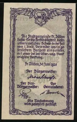 Notgeld St. Pölten 1920, 50 Heller, Wasserturm und Stadtansicht, Seriennummer, Wappen