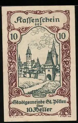 Notgeld St. Pölten 1920, 10 Heller, Stadtansicht mit historischen Türmen und Toren, Wappen und Signaturen