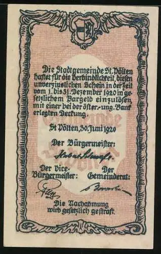 Notgeld St. Pölten 1920, 10 Heller, Stadtansicht mit historischen Türmen und Toren, Wappen und Signaturen