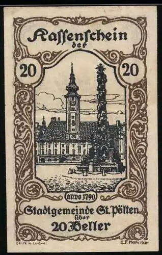 Notgeld St. Pölten 1920, 20 Heller, Stadtansicht mit Kirche und Monument, Seriennummer und Wappen