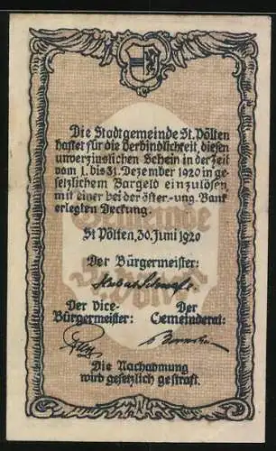 Notgeld St. Pölten 1920, 20 Heller, Stadtansicht mit Kirche und Monument, Seriennummer und Wappen