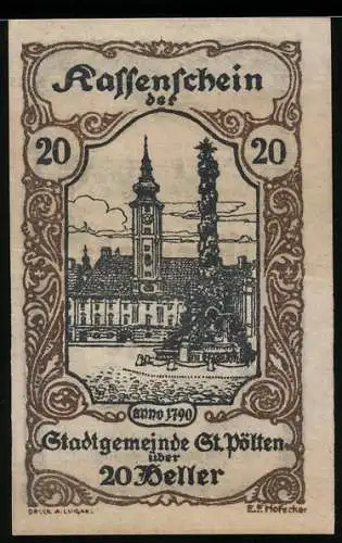 Notgeld St. Pölten 1920, 20 Heller, Stadtansicht mit Turm und Säule, Wappen und Unterschriften