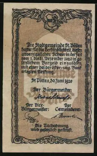 Notgeld St. Pölten 1920, 20 Heller, Stadtansicht mit Turm und Säule, Wappen und Unterschriften