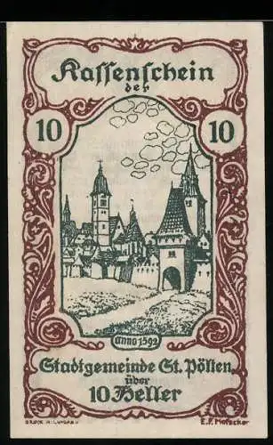 Notgeld St. Pölten 1920, 10 Heller, Stadtansicht mit Türmen und Tor, Seriennummer und Wappen