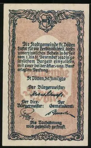 Notgeld St. Pölten 1920, 10 Heller, Stadtansicht mit Türmen und Tor, Seriennummer und Wappen