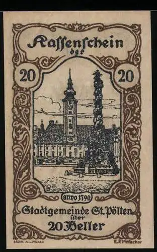 Notgeld St. Pölten 1920, 20 Heller, Stadtansicht mit Turm und Obelisk, Wappen und Unterschriften