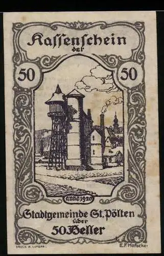 Notgeld St. Pölten 1920, 50 Heller, Industriegebäude und Wasserturm, Stadtsiegel