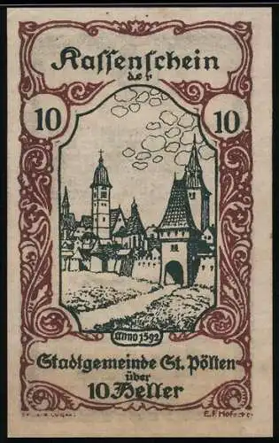 Notgeld St. Pölten 1920, 10 Heller, Stadtansicht mit Türmen und Wappen