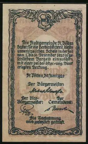 Notgeld St. Pölten 1920, 10 Heller, Stadtansicht mit Türmen und Wappen