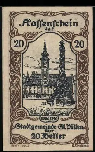 Notgeld St. Pölten 1920, 20 Heller, Rathausplatz mit Obelisk, Wappen und Unterschriften