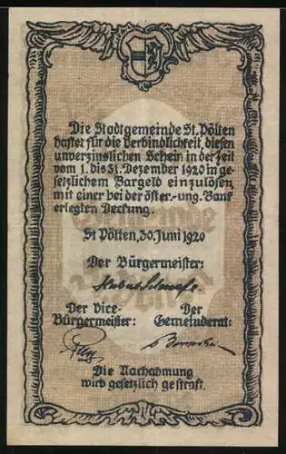 Notgeld St. Pölten 1920, 20 Heller, Rathausplatz mit Obelisk, Wappen und Unterschriften