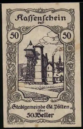 Notgeld St. Pölten 1920, 50 Heller, Industrielandschaft mit Wasserturm und Gebäuden, Signaturen und Wappen