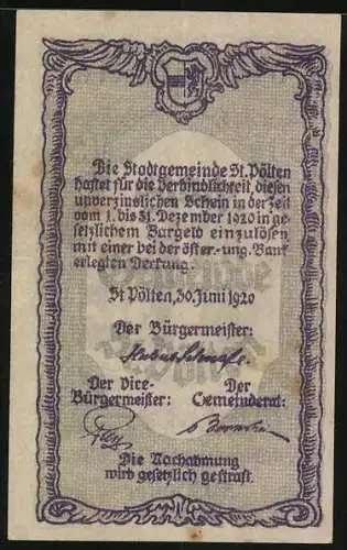 Notgeld St. Pölten 1920, 50 Heller, Industrielandschaft mit Wasserturm und Gebäuden, Signaturen und Wappen