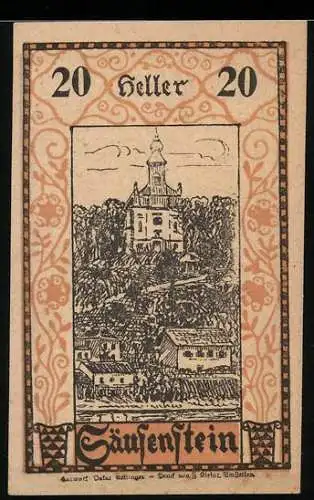 Notgeld Seitenstetten 1920, 20 Heller, Klosteransicht und historische Szene mit Figuren