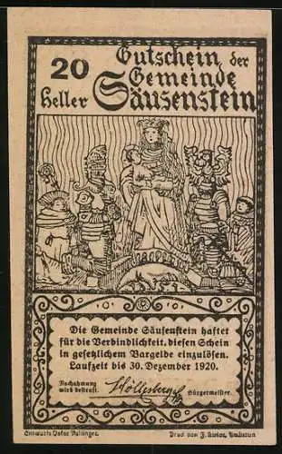 Notgeld Seitenstetten 1920, 20 Heller, Klosteransicht und historische Szene mit Figuren