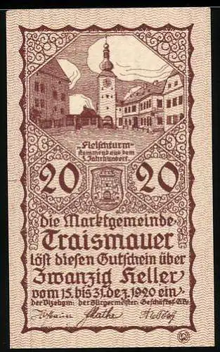 Notgeld Traismauer 1920, 20 Heller, Stadtszene mit Kirchturm und Wappen